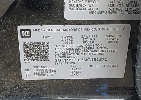 2022 Chevrolet Silverado 1500 Ltd Lt Trail Boss z USA, uszkodzony, nr VIN 3GCPYFEL7NG151871